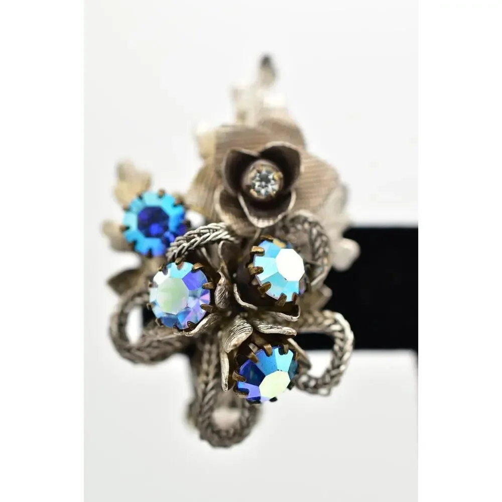 kramer Vintage Crystal Clip On Earrings AB Blue Prong Silver Floral 1950s BinBK